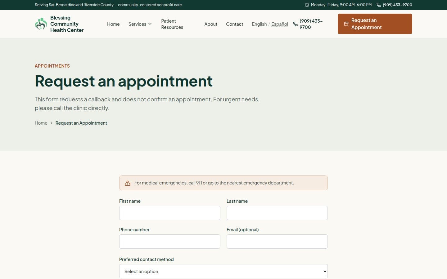 Blessing Community Health Center request-appointment page — callback request form