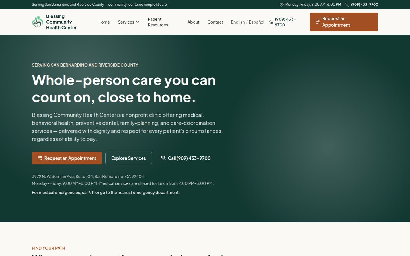 Blessing Community Health Center homepage hero — whole-person care headline, appointment CTA, hours, and location