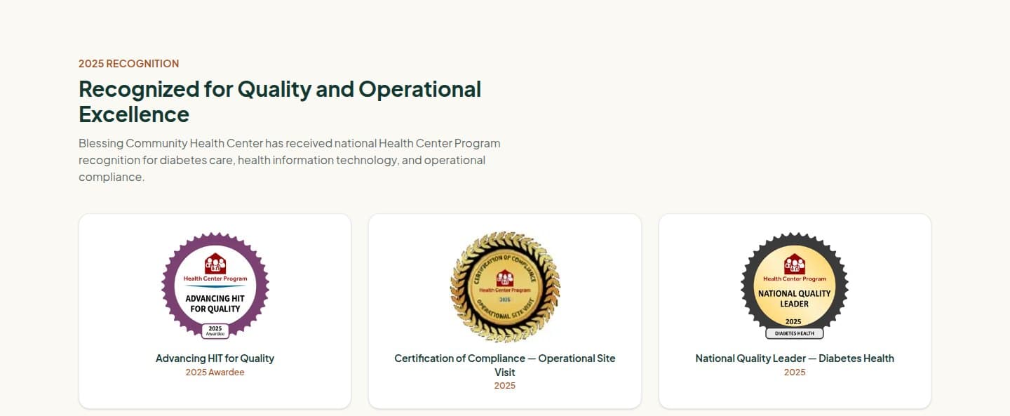 Blessing Community Health Center homepage recognition section — HRSA Health Center Program quality-award badges