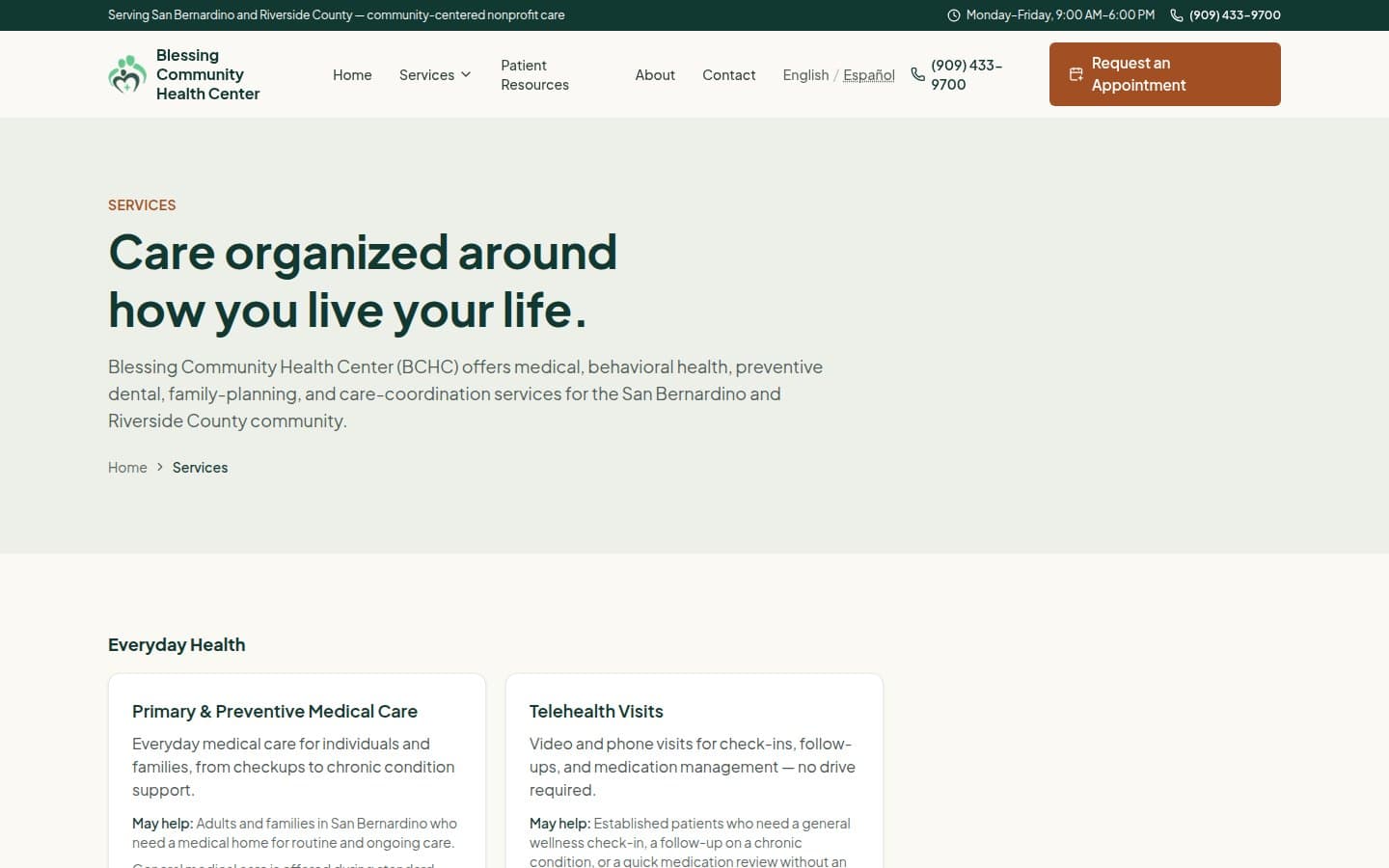 Blessing Community Health Center services page — medical, telehealth, behavioral health, and dental service cards