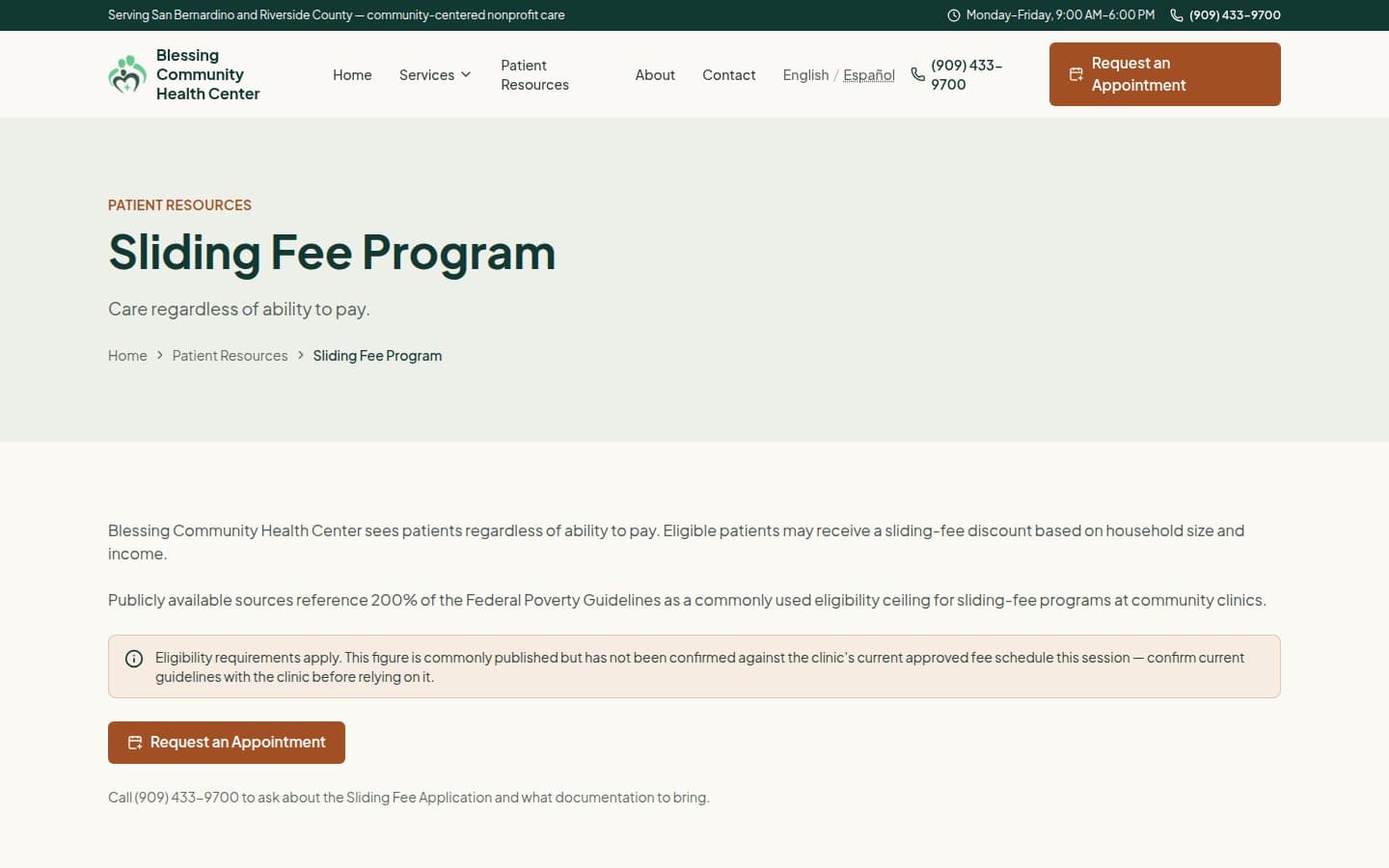 Blessing Community Health Center sliding-fee program page — care regardless of ability to pay