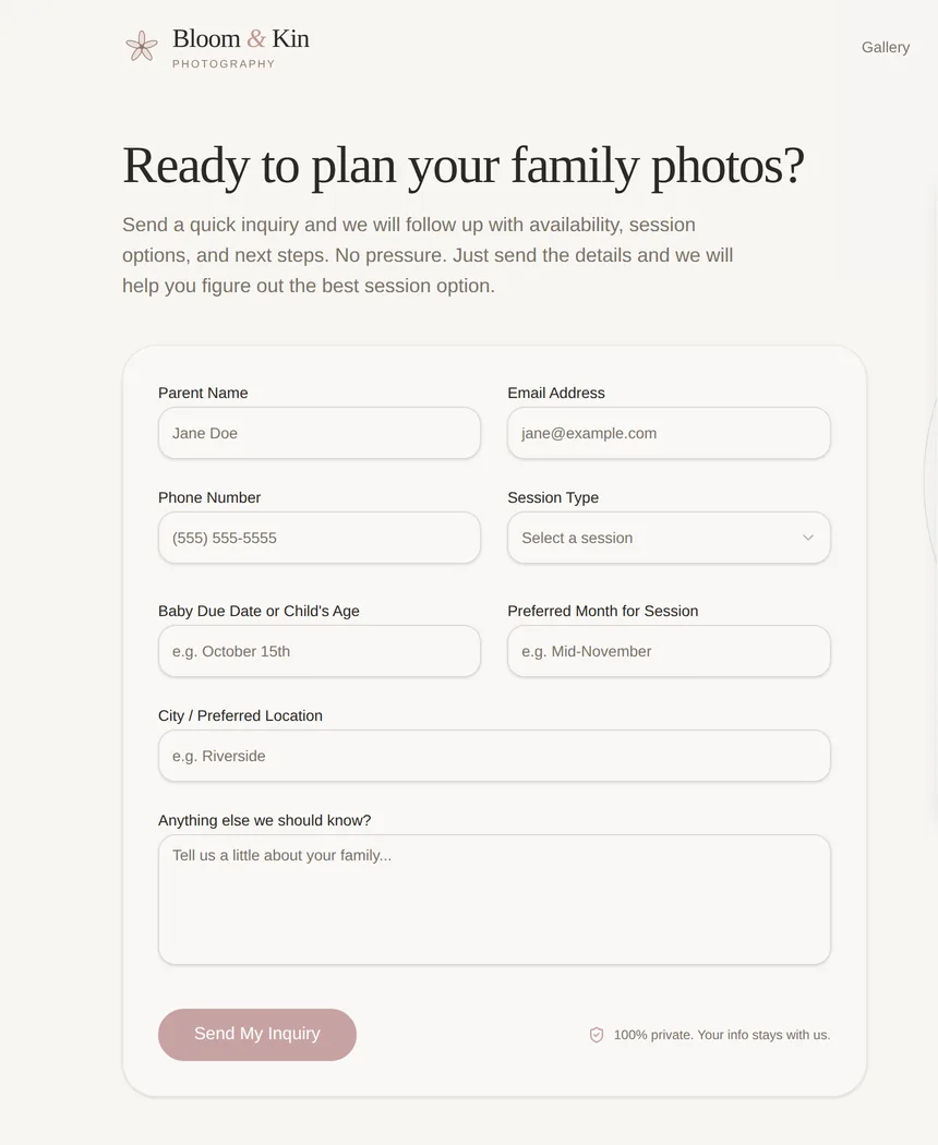 Bloom & Kin Photography contact page — session inquiry form