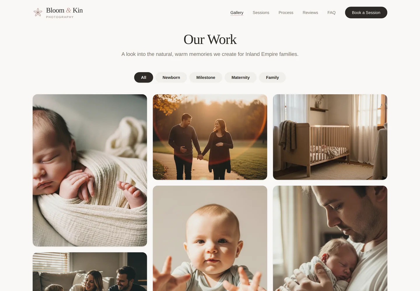Bloom & Kin Photography gallery page — filterable portfolio grid by session type