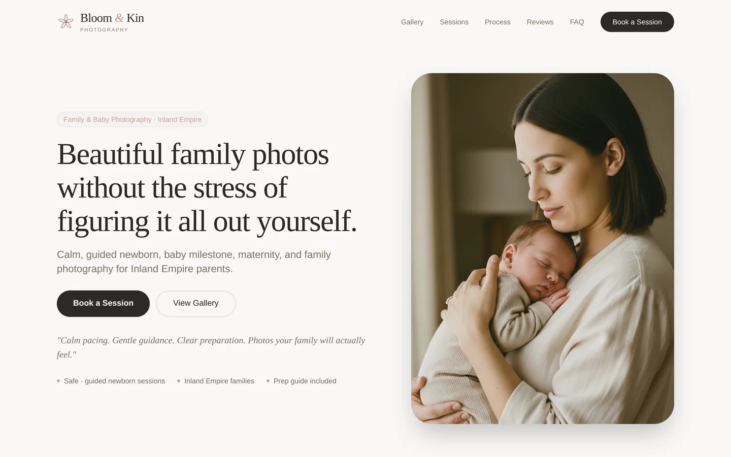 Bloom & Kin Photography homepage hero — headline, booking CTA, and gallery link