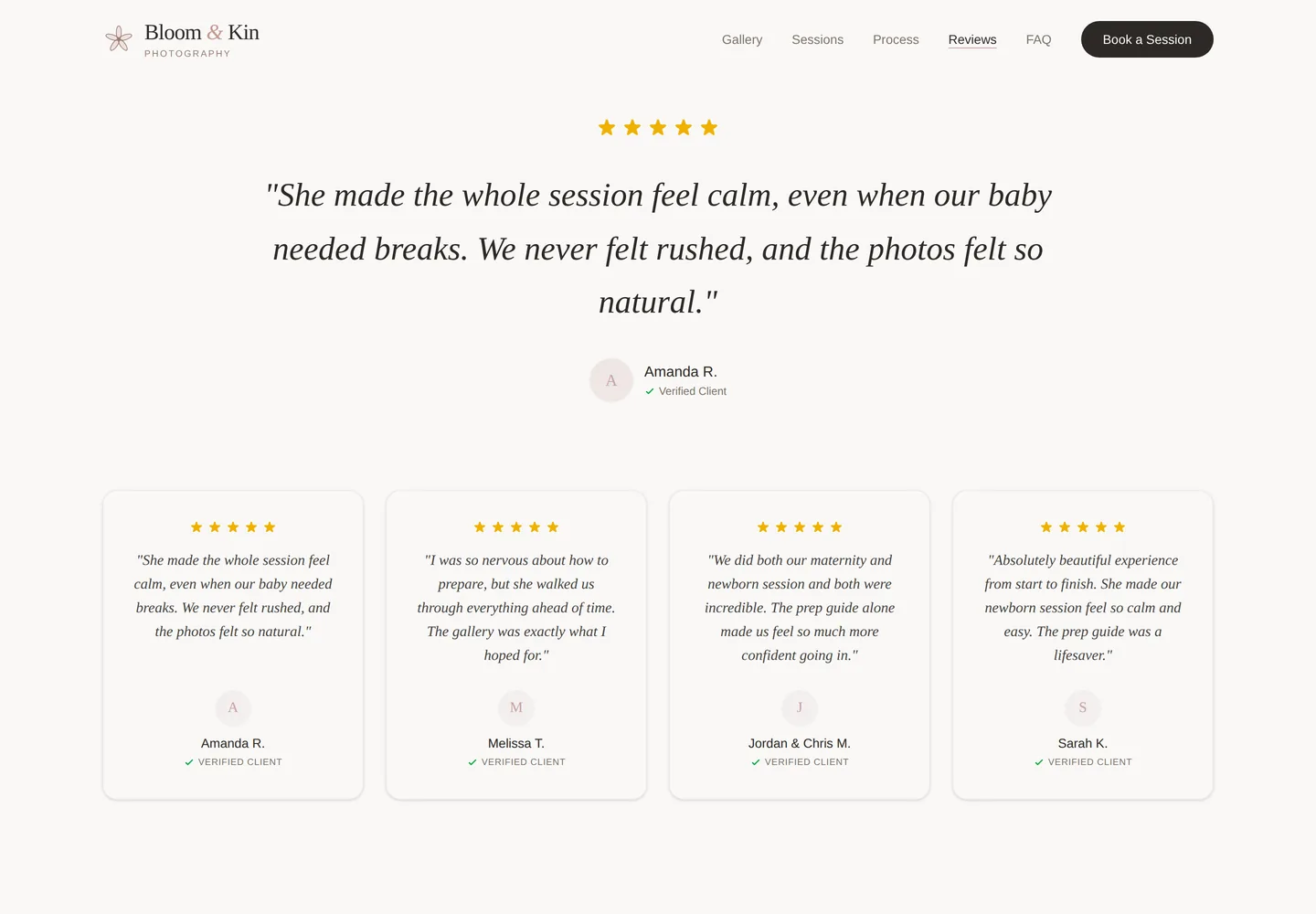 Bloom & Kin Photography reviews page — featured testimonial and review cards (fictional demo business; imagery is AI-generated)