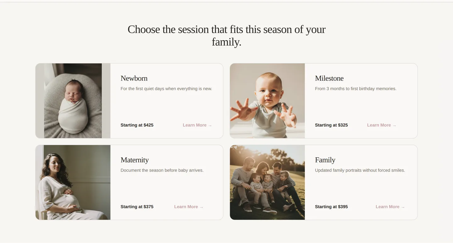 Bloom & Kin Photography session offerings — Newborn, Milestone, Maternity, and Family, each with starting prices