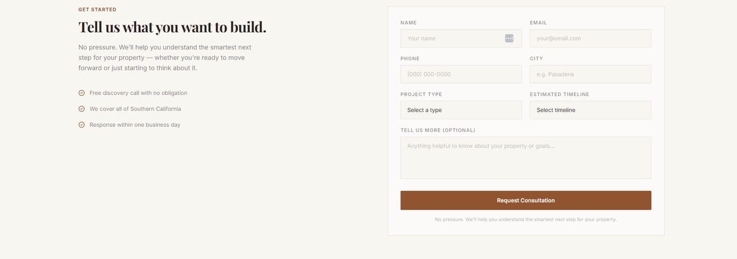 Cedarline consultation request form — name, contact info, project type, timeline, and a request-consultation CTA