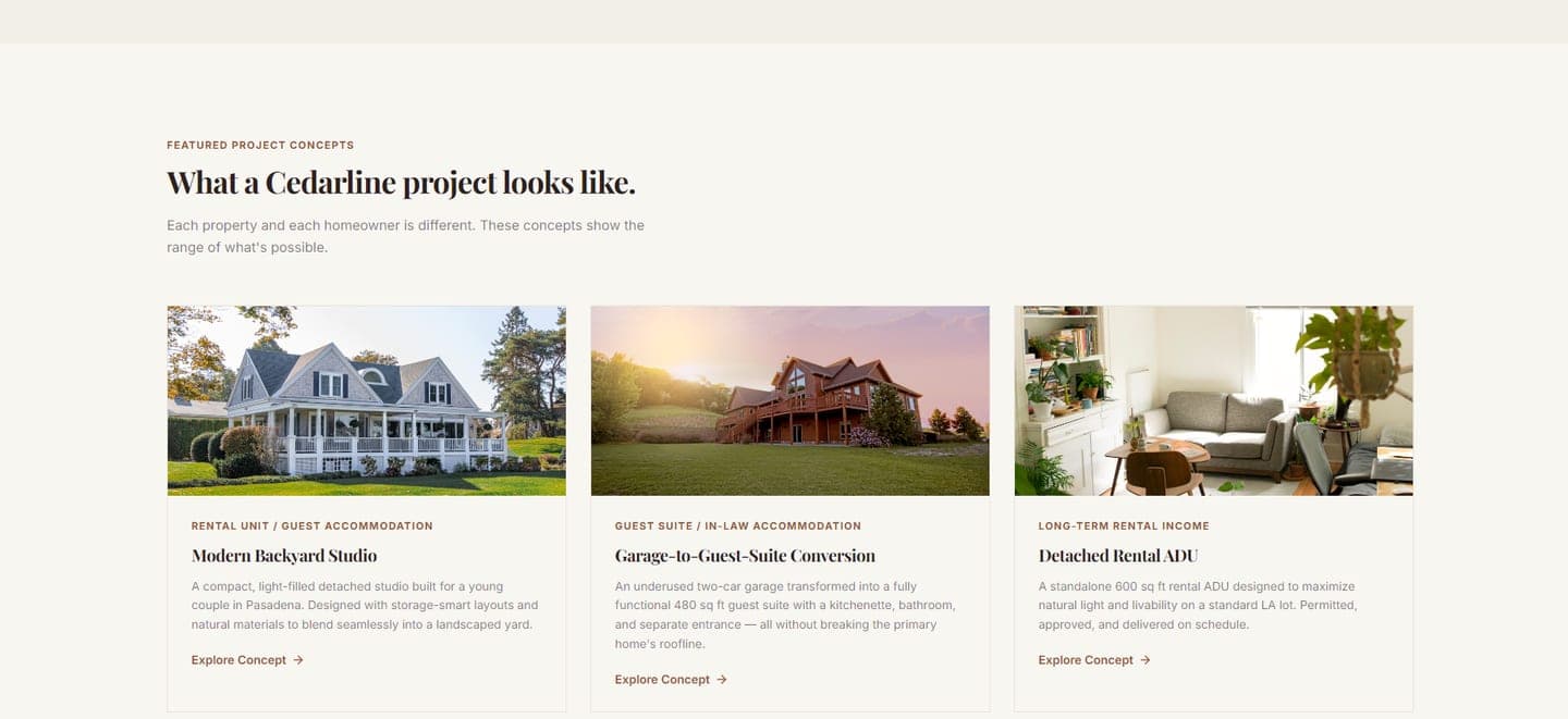 Cedarline "Featured Project Concepts" gallery — Modern Backyard Studio, Garage-to-Guest-Suite Conversion, and Detached Rental ADU
