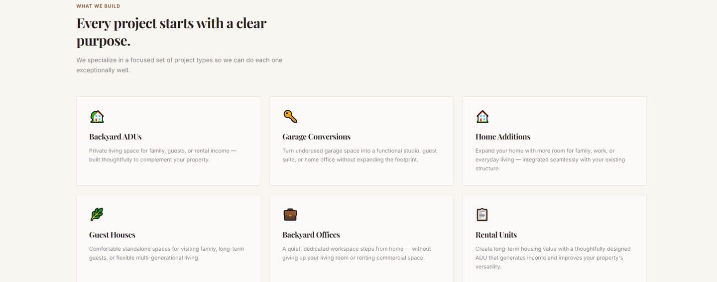 Cedarline services grid — Backyard ADUs, Garage Conversions, Home Additions, Guest Houses, Backyard Offices, and Rental Units