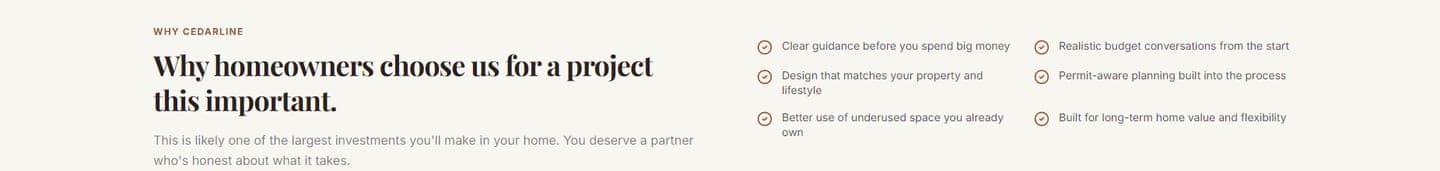 Cedarline "Why homeowners choose us" trust section — clear guidance, realistic budgets, and permit-aware planning