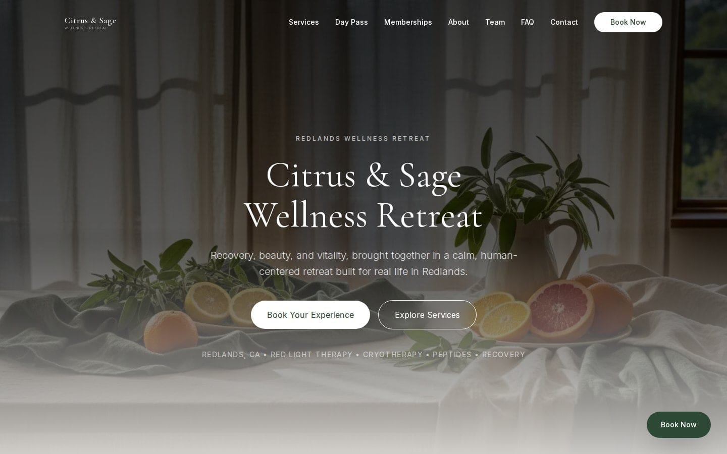 Citrus & Sage Wellness homepage — photographic hero with booking and services buttons
