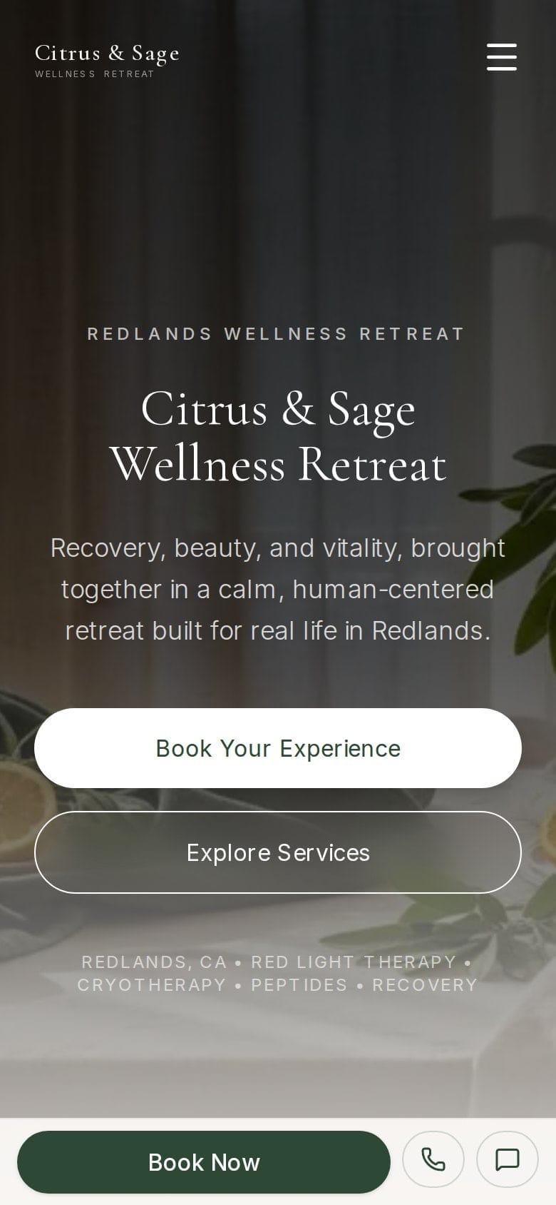 Citrus & Sage Wellness homepage on a phone with a sticky book button