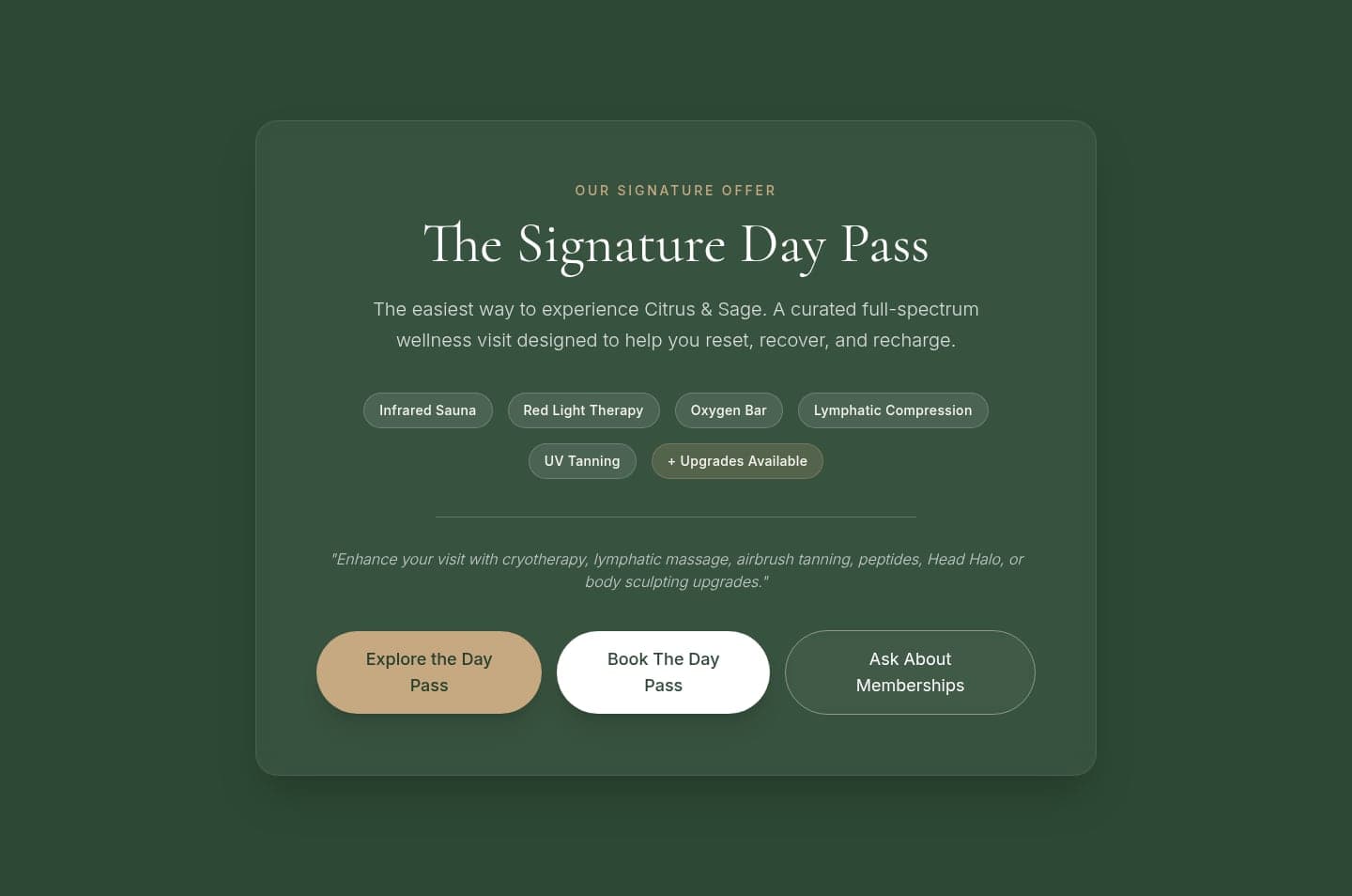 Citrus & Sage “The Signature Day Pass” offer card — the site's primary conversion path