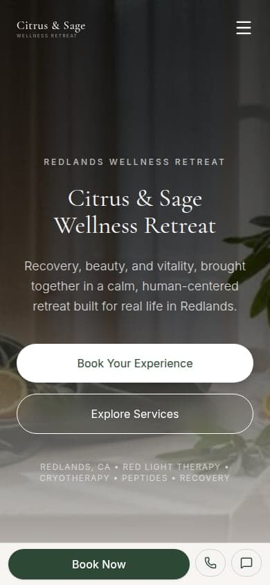 Citrus & Sage Wellness homepage on mobile — hero, booking CTAs, and sticky call/text bar