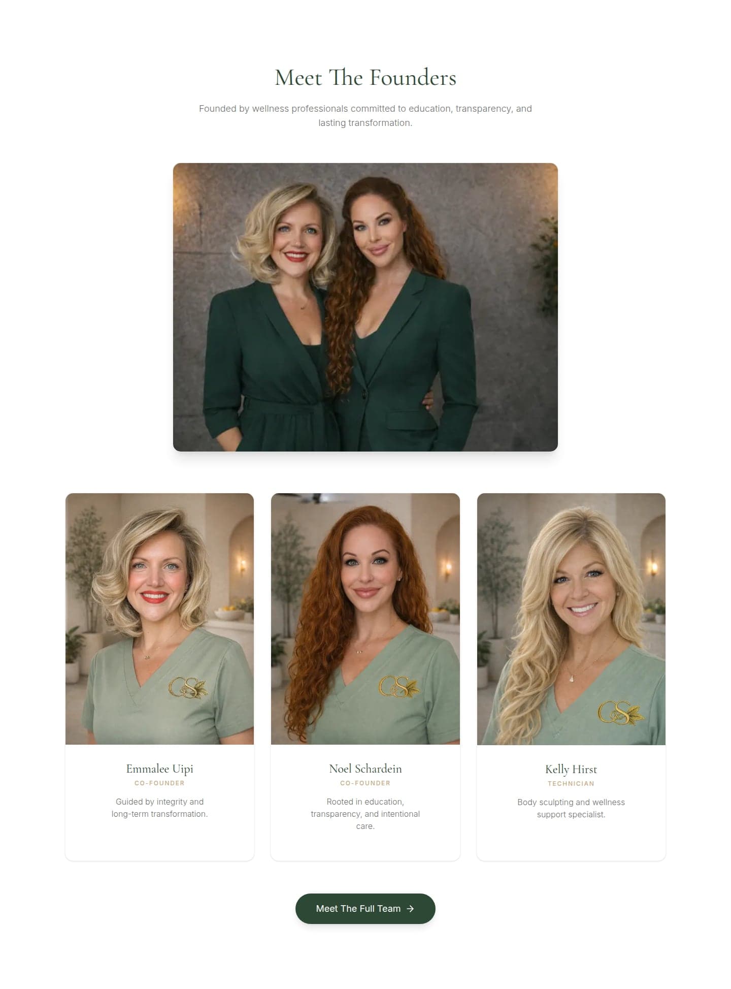 Citrus & Sage “Meet The Founders” section — co-founders Emmalee Uipi and Noel Schardein with the team