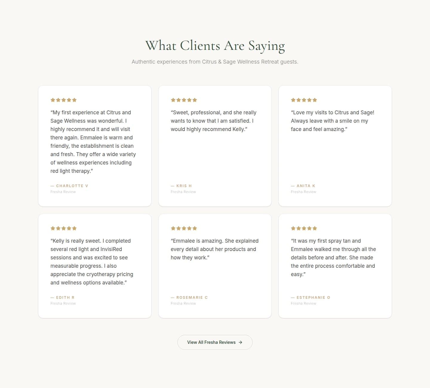 Citrus & Sage “What Clients Are Saying” section — real five-star Fresha reviews