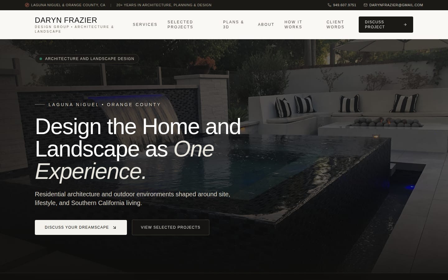 Daryn Frazier Design Group homepage — 'Design the home and landscape as one experience' over a spa and fire lounge