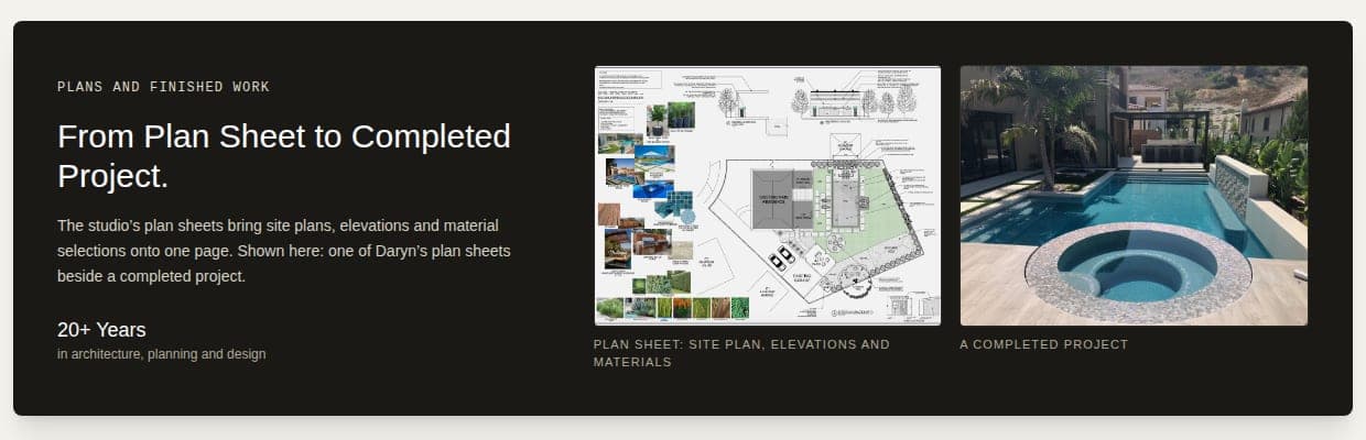 A plan sheet beside the completed pool it describes