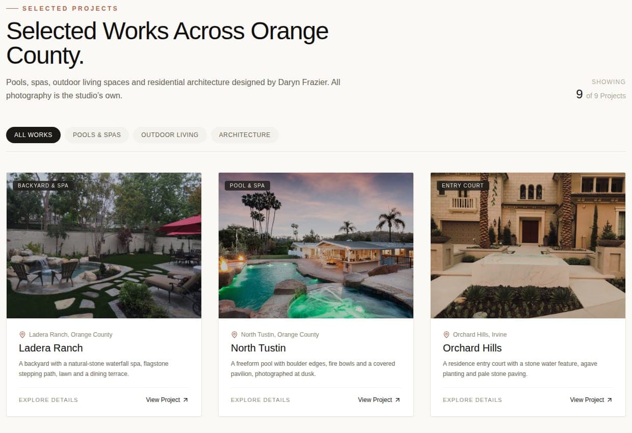 Selected works grid — Ladera Ranch, North Tustin, Orchard Hills, with project filters