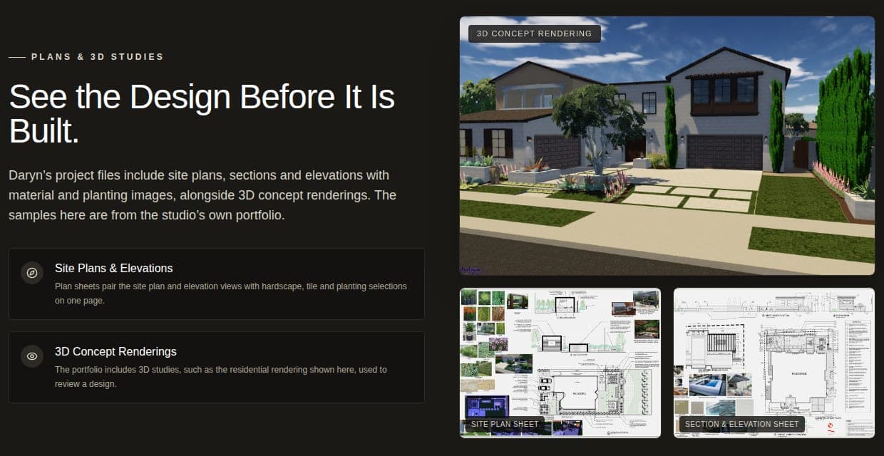 3D concept rendering with site plan and elevation sheets