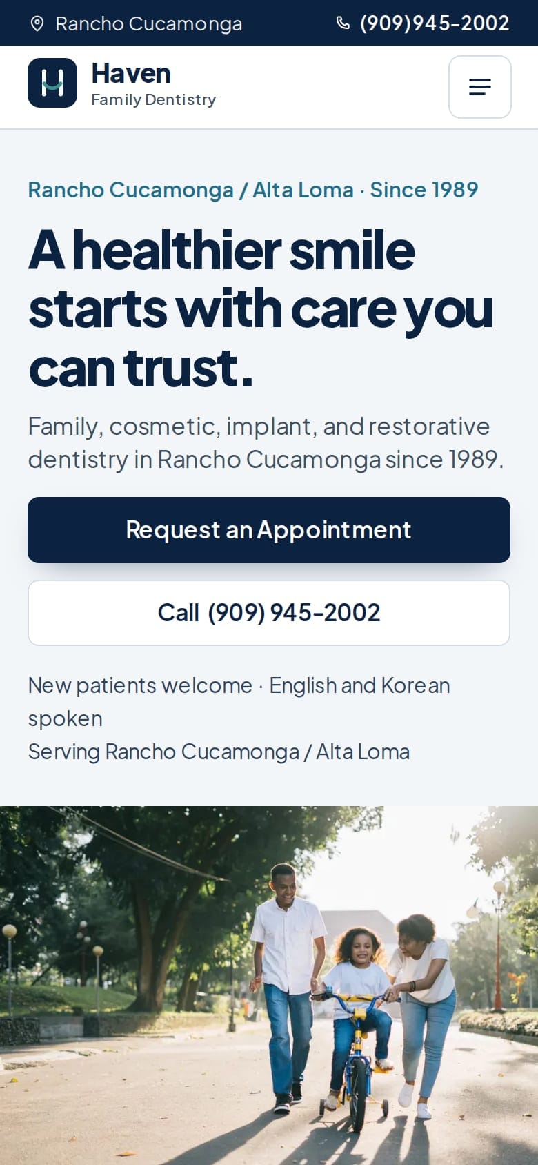 Haven Family Dentistry homepage on a phone with appointment and call buttons