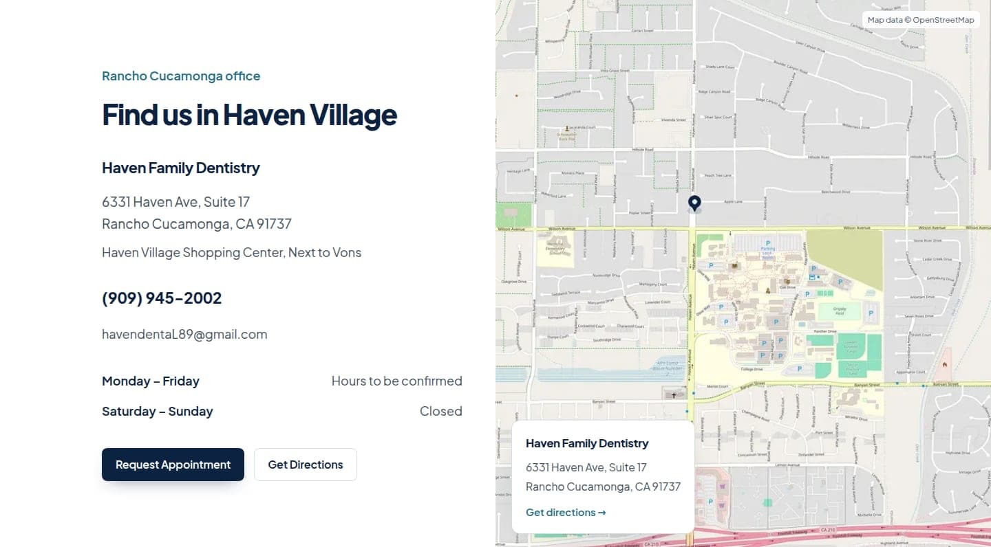 Haven Family Dentistry contact and appointment section — office address, hours, phone, and map