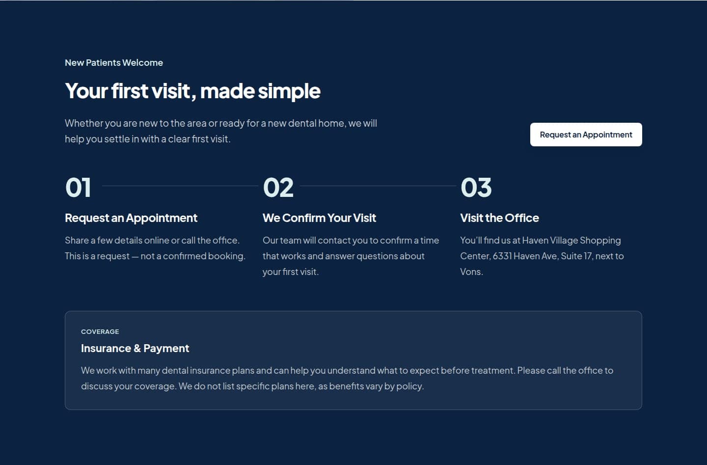 Haven Family Dentistry new-patient steps section — three-step first-visit flow and insurance guidance