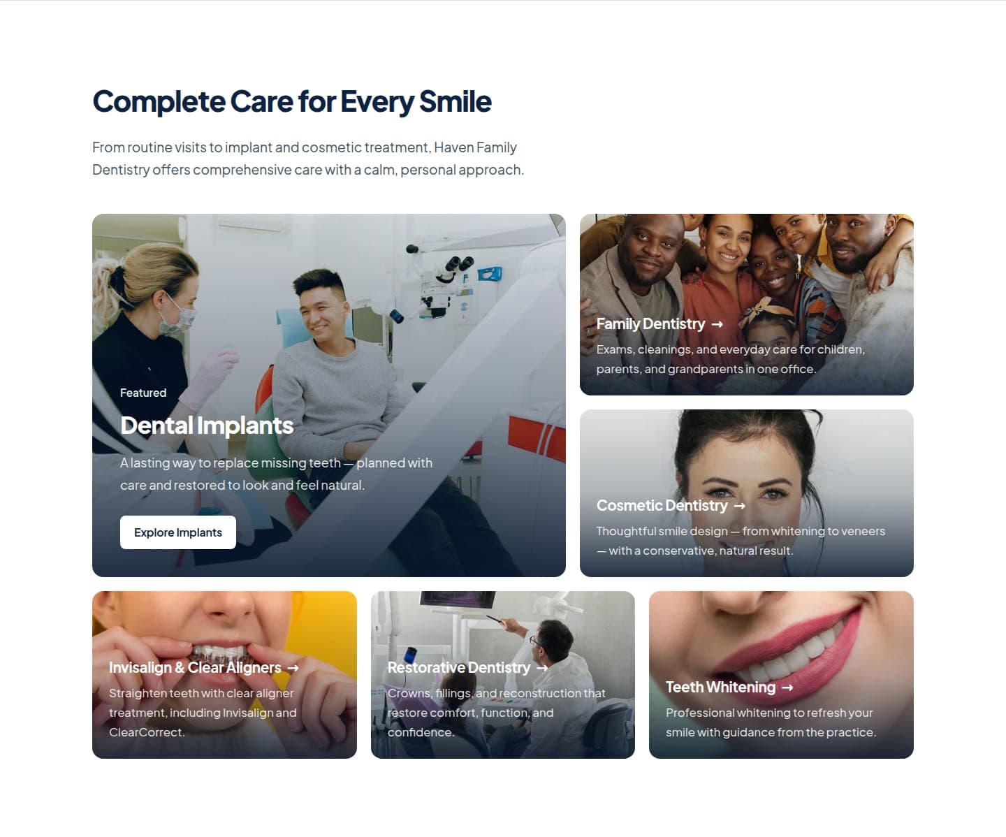 Haven Family Dentistry services section — family, cosmetic, implant, aligner, and restorative care tiles