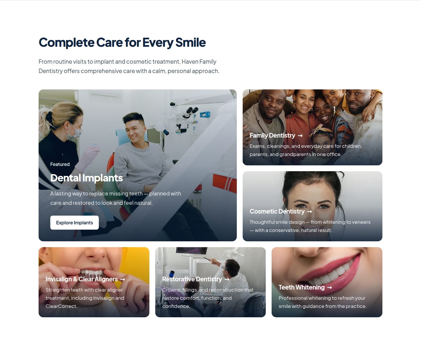 Haven services — implants featured beside family, cosmetic, aligner, restorative and whitening