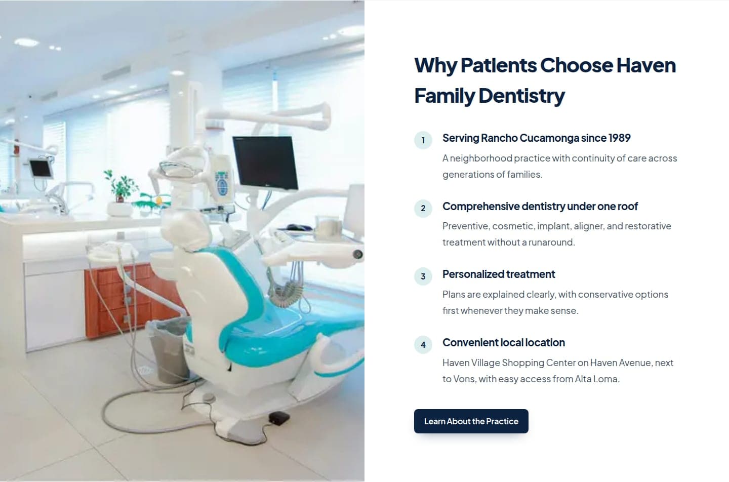 Haven Family Dentistry "Why Patients Choose Haven" trust section — practice history, comprehensive care, and location