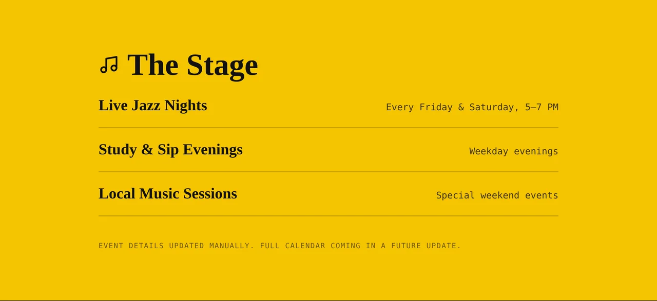 Hop Cafe "The Stage" section — live jazz nights, study & sip evenings, and local music sessions