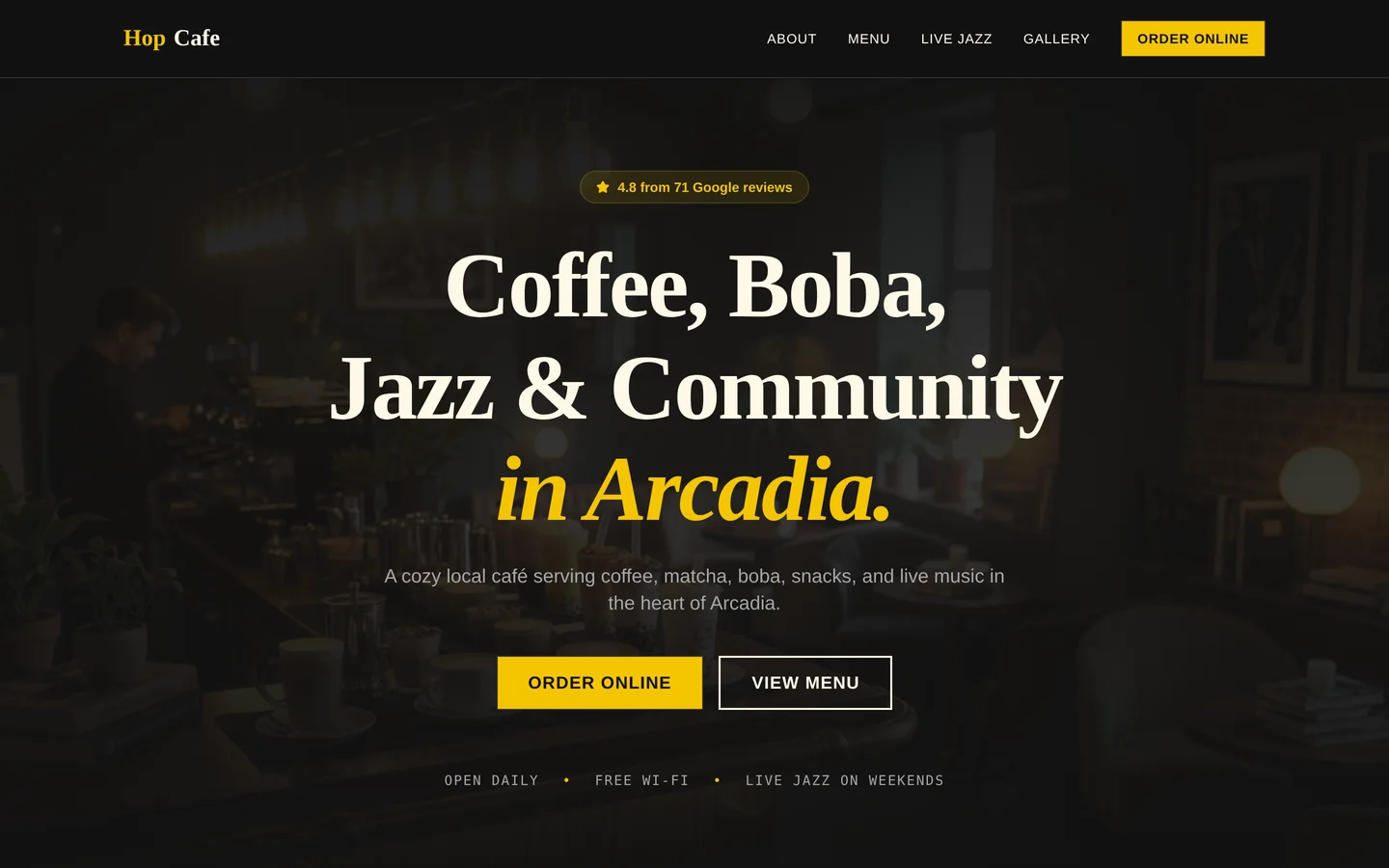 Hop Cafe homepage hero — headline, 4.8-star Google review badge, and Order Online / View Menu CTAs