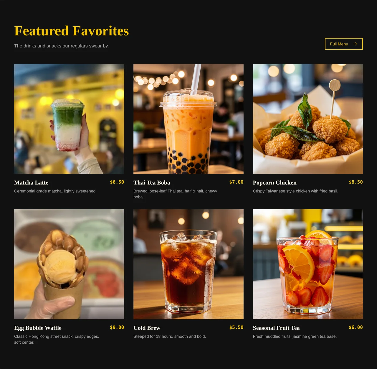Hop Cafe Featured Favorites section — matcha latte, Thai tea boba, popcorn chicken, and other menu items with real photography