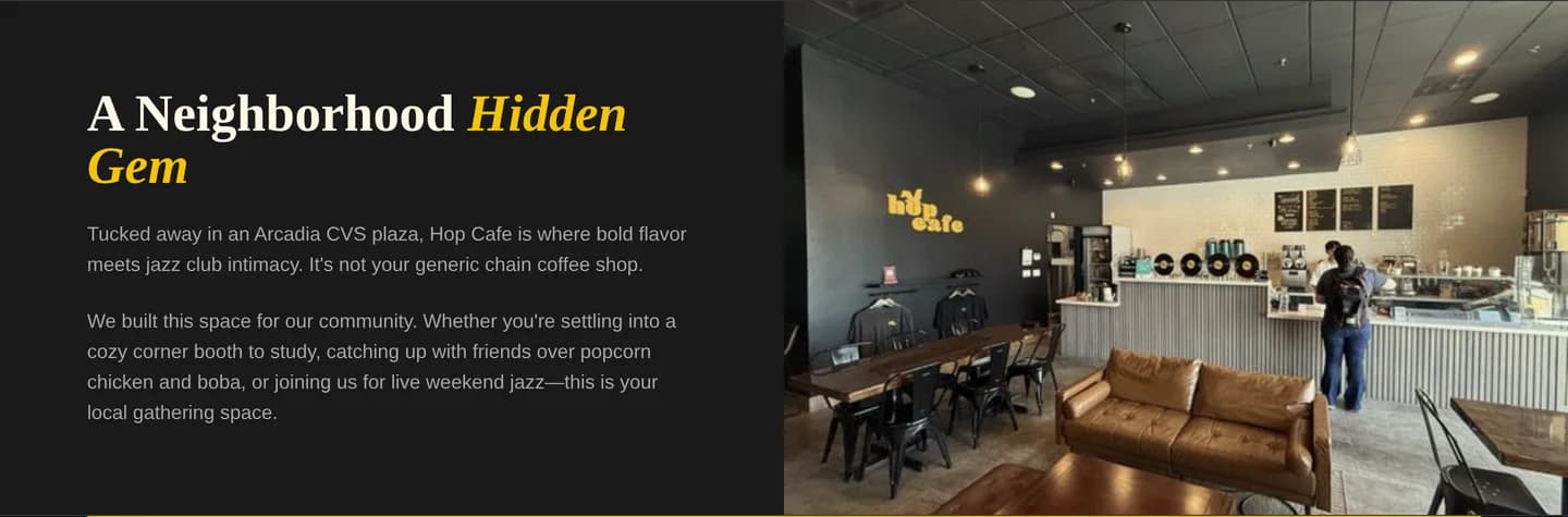 Hop Cafe About Preview section — real café interior photo and "neighborhood hidden gem" positioning