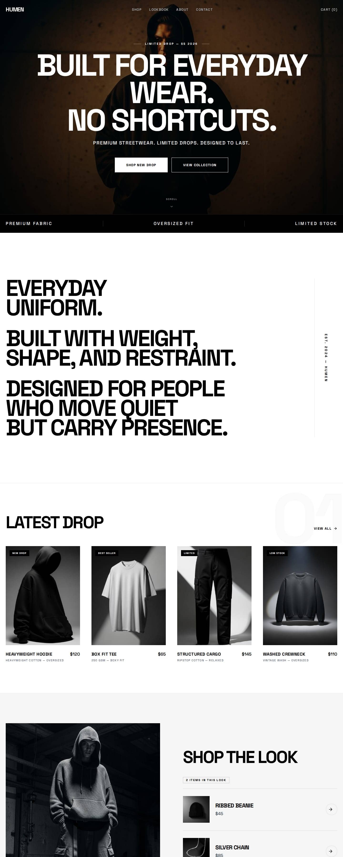 Humen Streetwear homepage, top sections