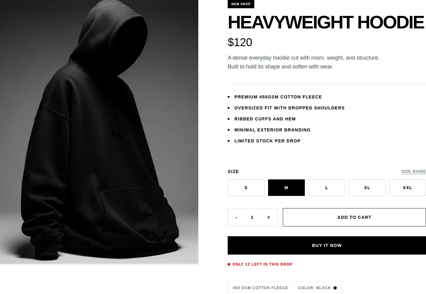 Humen Streetwear product page — size selection, quantity, Add to Cart, and Buy It Now