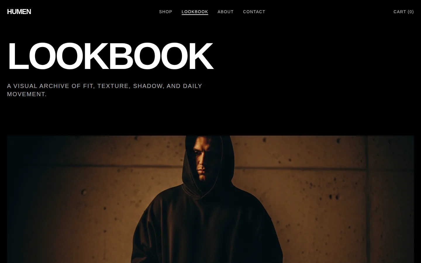 Humen Streetwear Lookbook — dark, asymmetric editorial storytelling layout