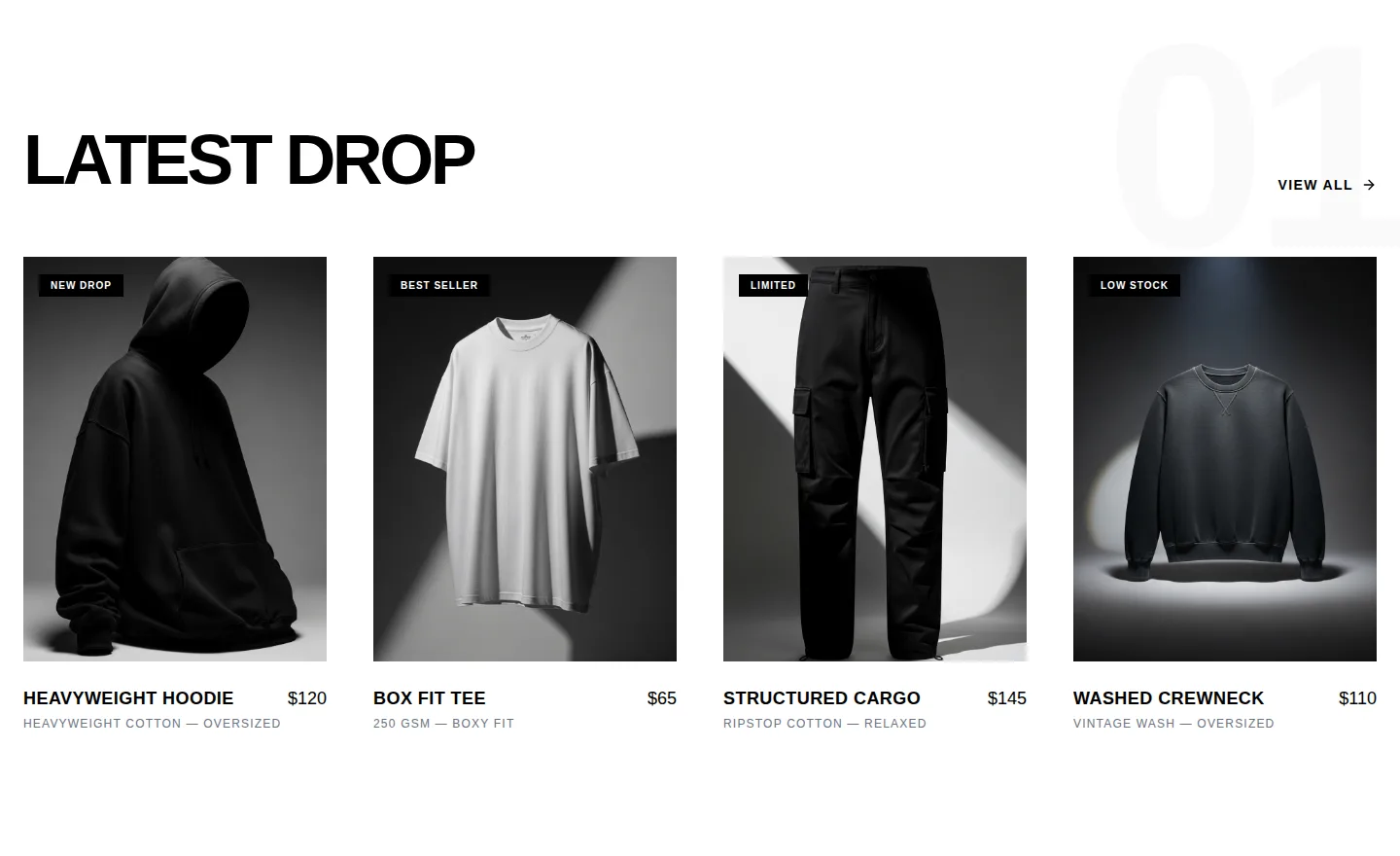 Humen Streetwear 'Latest Drop' product grid — four core pieces with pricing, fabric, and fit detail