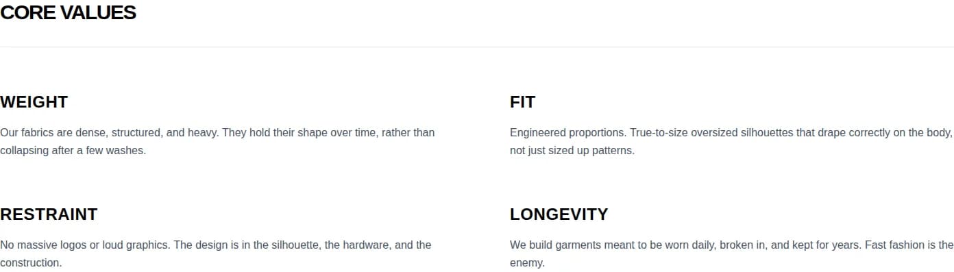 Humen Streetwear brand values — Weight, Fit, Restraint, Longevity