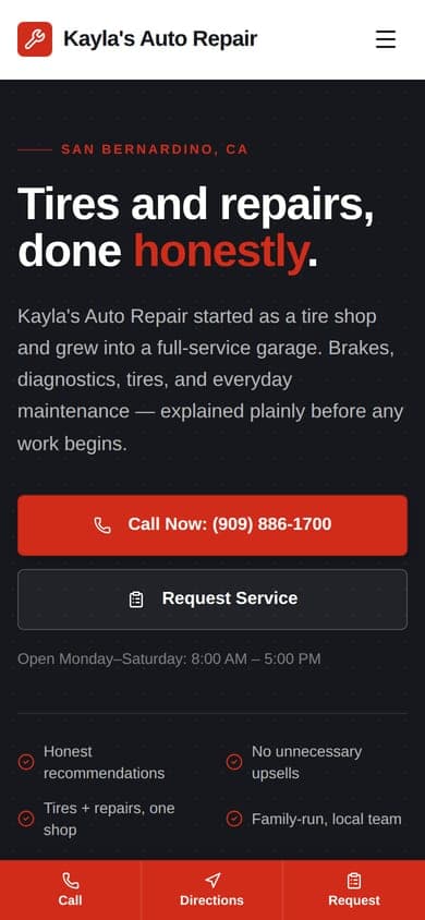 Kayla's Auto Repair homepage hero on mobile, with the sticky Call / Directions / Request bar