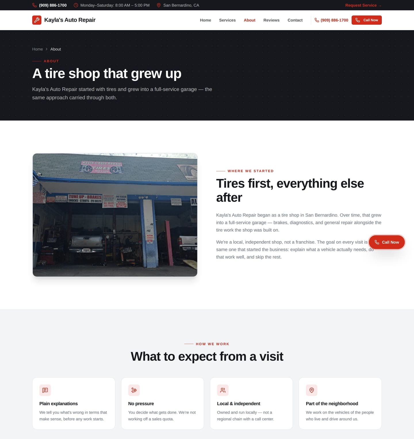 Kayla's Auto Repair About page — real storefront photo and the shop's honest, no-pressure positioning