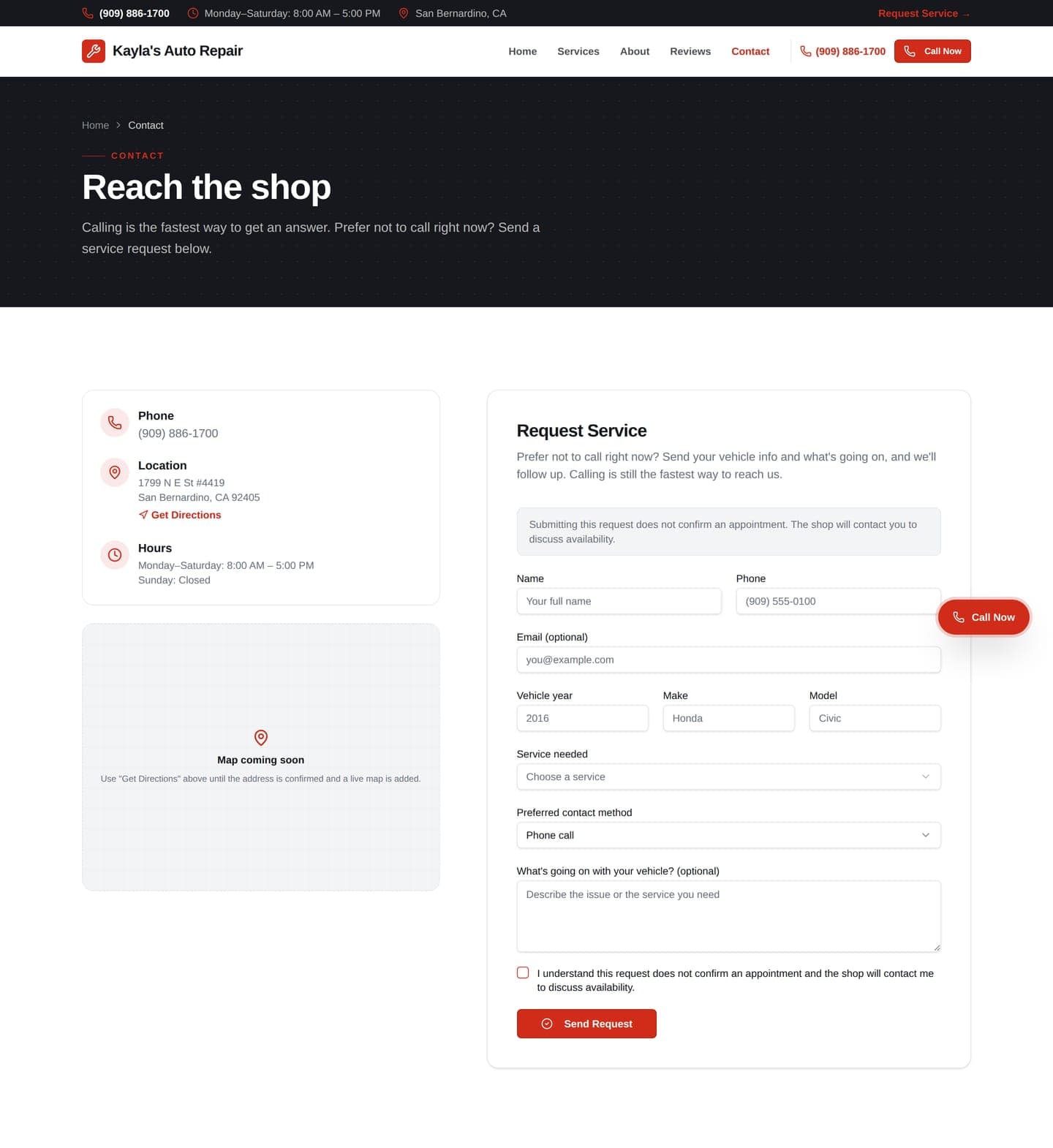 Kayla's Auto Repair Contact page — shop info alongside the validated Request Service form