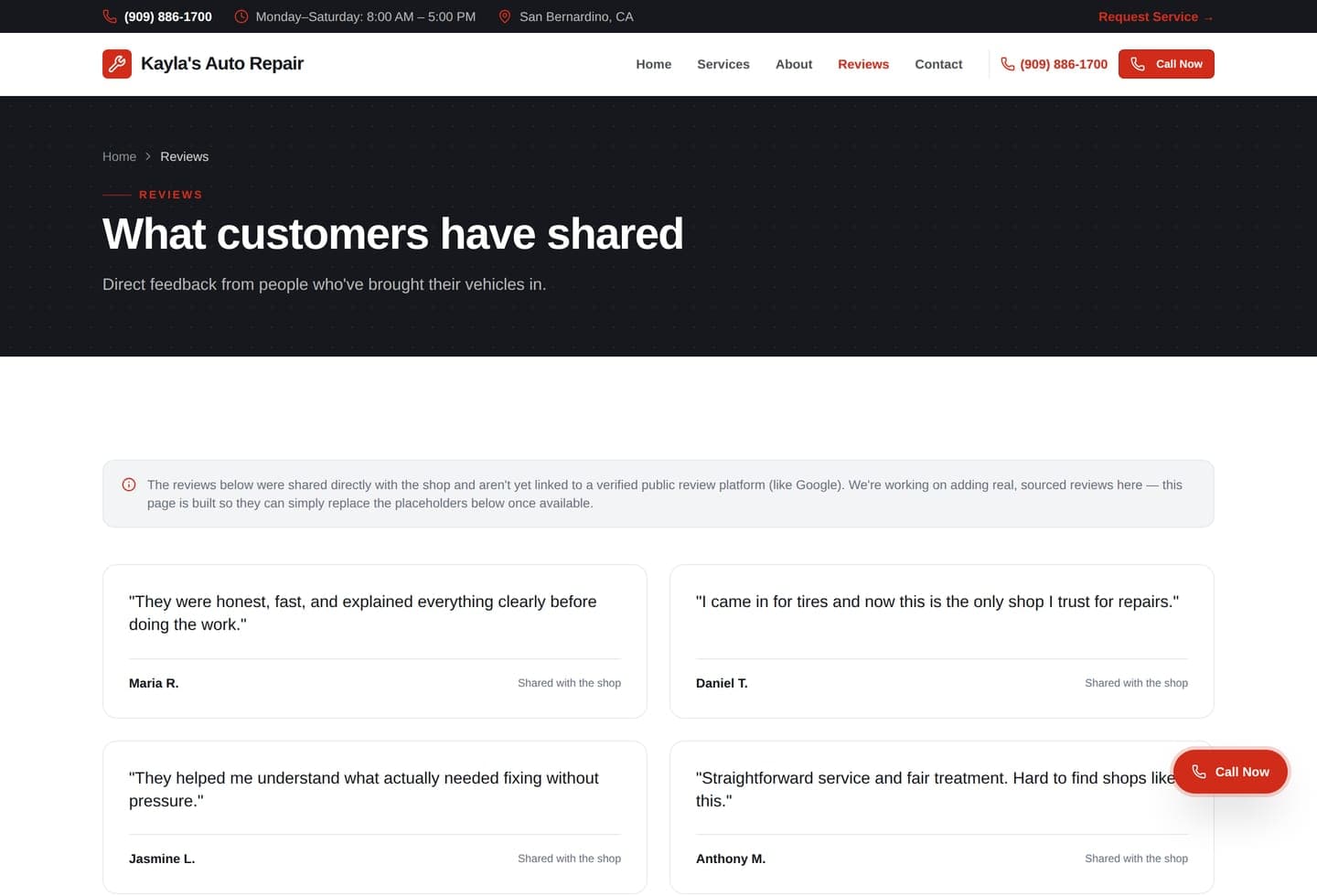Kayla's Auto Repair Reviews page — customer feedback shown with an honest not-yet-verified disclosure