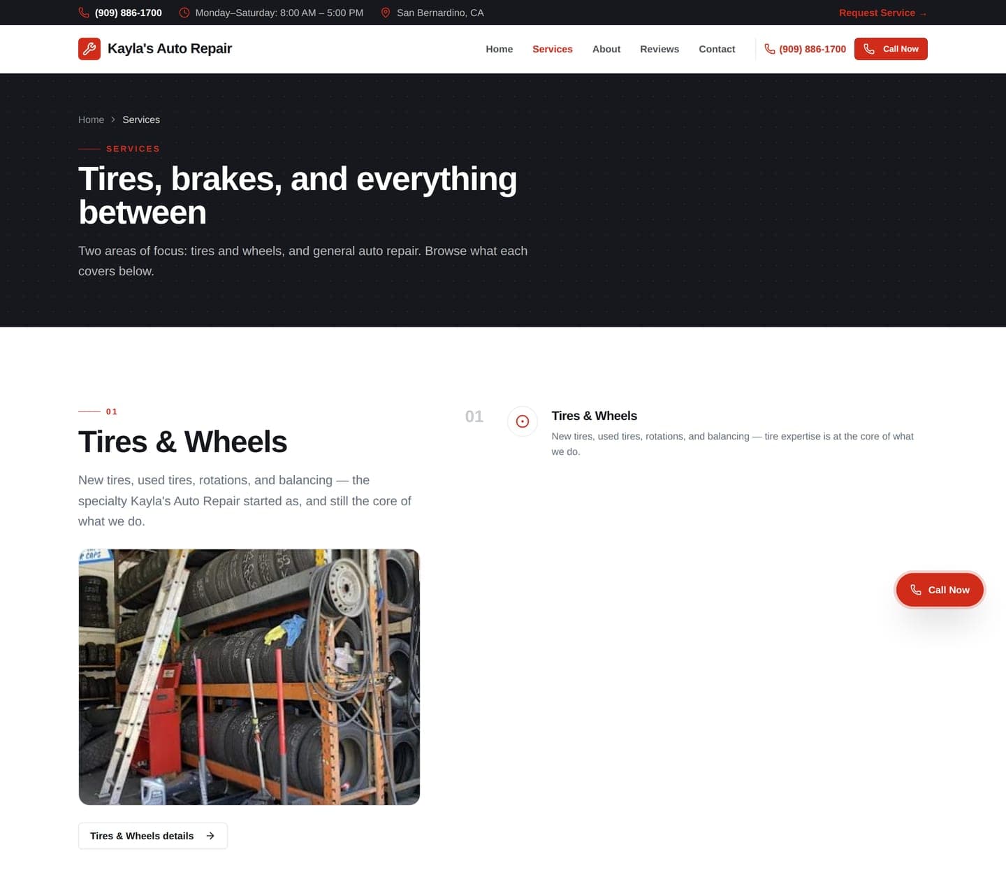 Kayla's Auto Repair Services page — Tires & Wheels detail with a real shop photo of the tire rack
