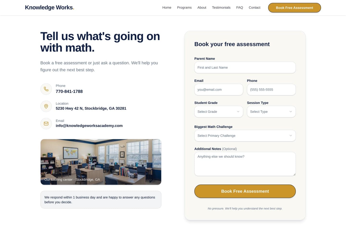 Knowledge Works Academy contact section — assessment booking form alongside phone, location, and email details