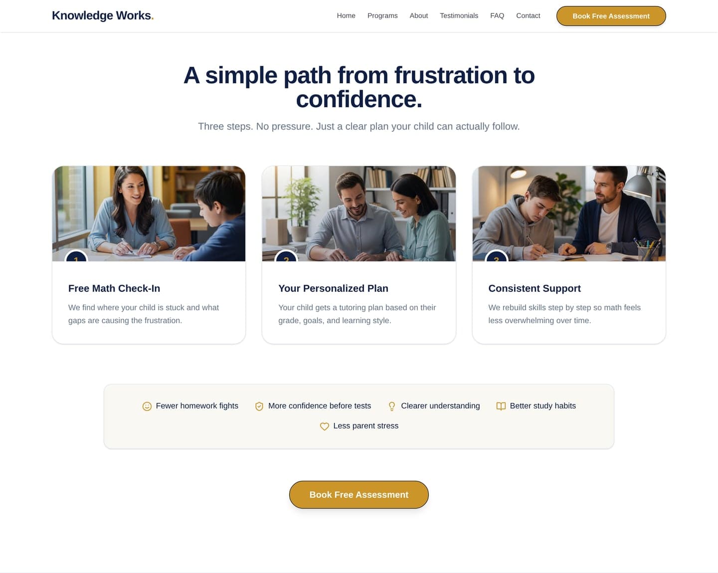 Knowledge Works Academy how-it-works section — the three-step path from free check-in to consistent support