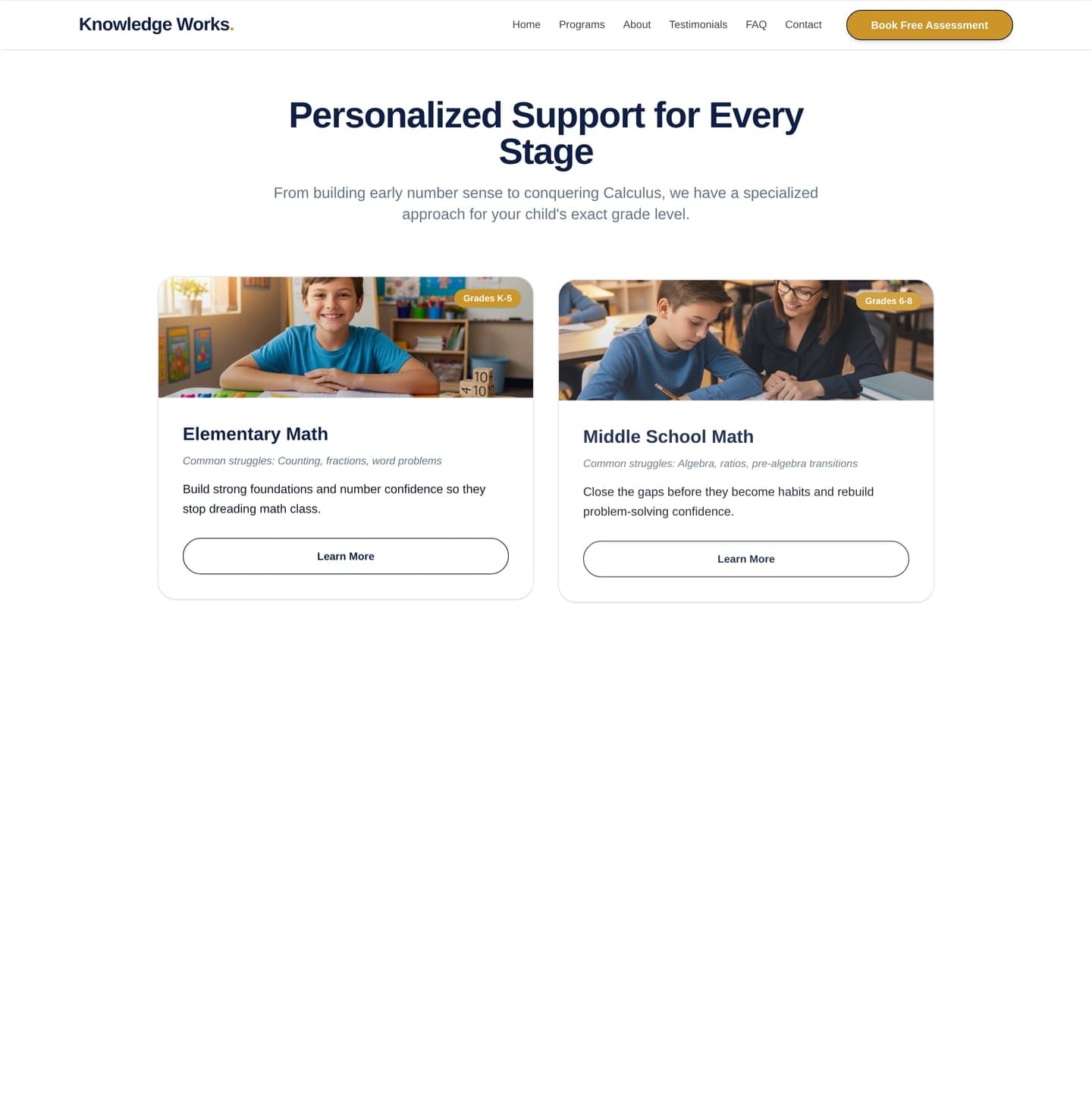 Knowledge Works Academy programs section — Elementary, Middle School, High School Math, and Test Prep cards