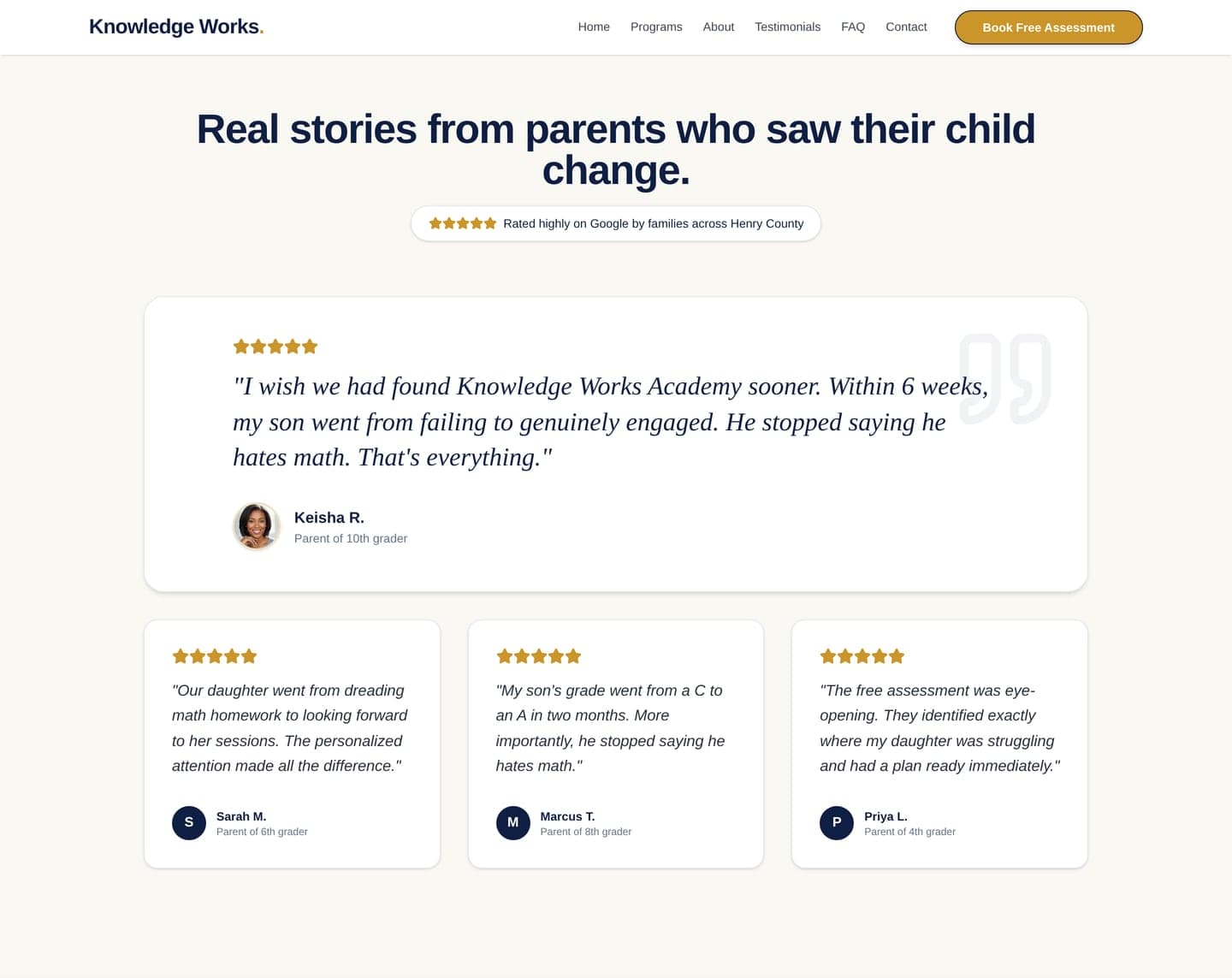 Knowledge Works Academy testimonials section — sample parent review layout used to demonstrate the trust-building design pattern