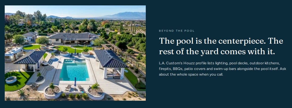 Aerial photograph of a finished backyard beside 'The pool is the centerpiece'