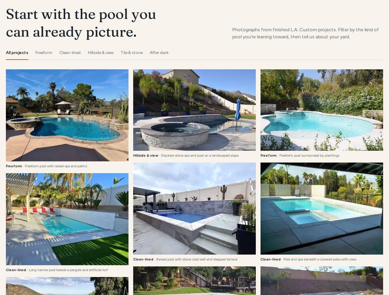 Filterable gallery of finished pools — freeform, clean-lined, hillside, tile and stone, after dark